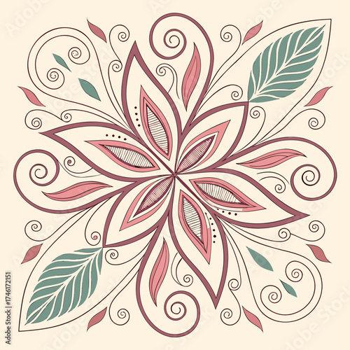 Vector art of stylized floral design featuring a central flower with swirling leaves and decorative elements in muted pinks and greens on a cream background