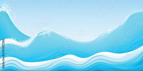 The abstract blue wave design evokes a cold winter ocean landscape with distant snow-capped mountains under a cloudy sky