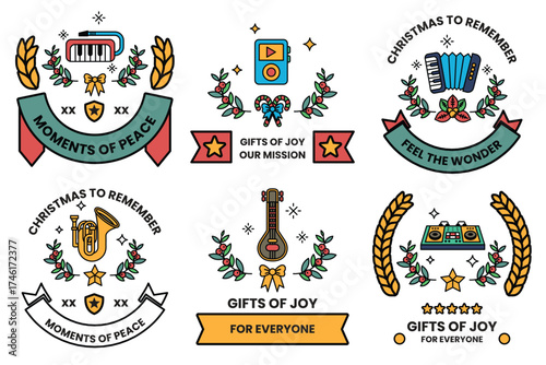 A set of six Christmas themed designs, each with a different musical instrument