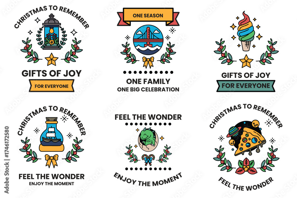 Naklejka premium A set of six Christmas themed stickers with the words gifts of joy, one family