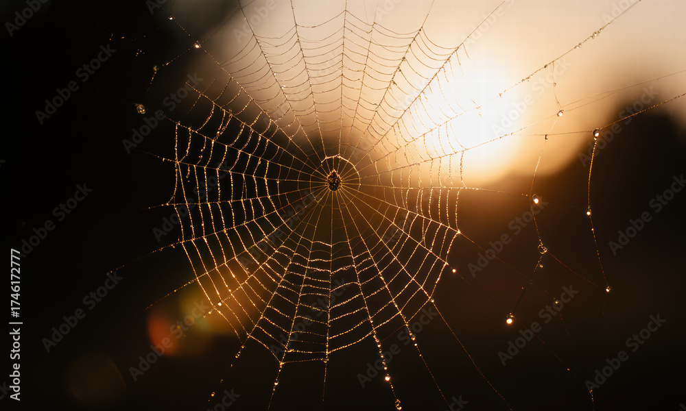 Naklejka premium Dewdrops on Spiderweb Illuminated by Golden Sunrise Light