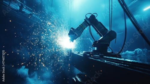 Underwater welding robot, sparks flying from its torch as it repairs a deep-sea structure, intense light in dark water, industrial action.