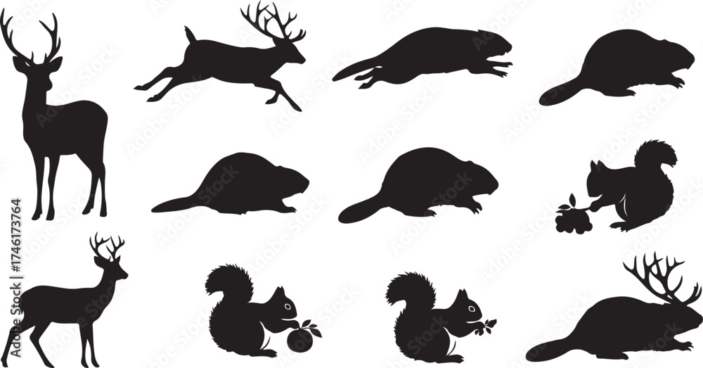 Obraz premium Diverse woodland animal silhouettes deer beavers squirrels natural wildlife forms design projects