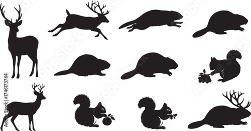 Diverse woodland animal silhouettes deer beavers squirrels natural wildlife forms design projects