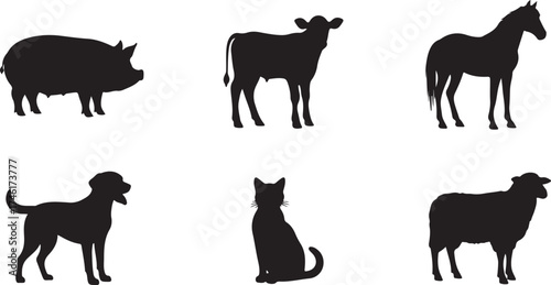 Collection of six textured black silhouette farm animals and pets including pig cow horse dog cat sheep