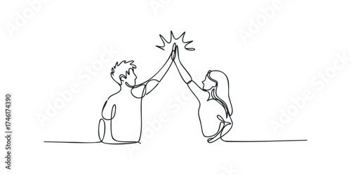 Two people high five in continuous line drawing