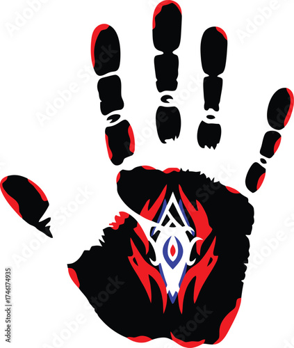 Stylized black handprint with a red and blue tribal or gothic symbol design centered in the palm, featuring a sharp, fiery pattern for a dark, mystical, and aggressive vector illustration.