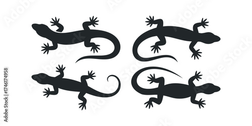 Four Black Lizard Silhouettes on White Background