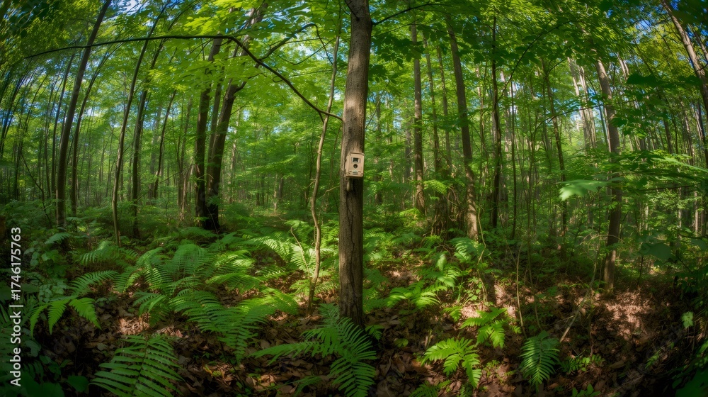 Fototapeta premium Wildlife trail camera monitoring deep summer forest