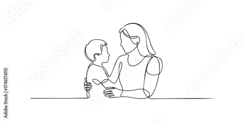 Mother and child embrace in continuous line form