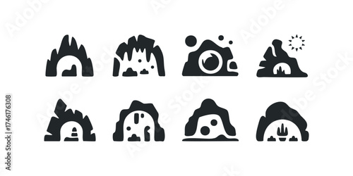 Set of cave entrances with varied rock formations and geological features