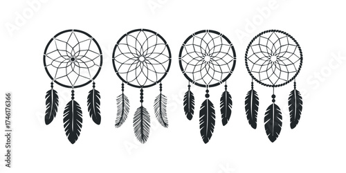 Four black dreamcatchers with feathers