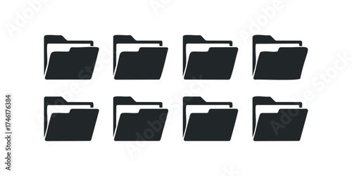 Multiple Black Folders Icon Set Isolated on White Background