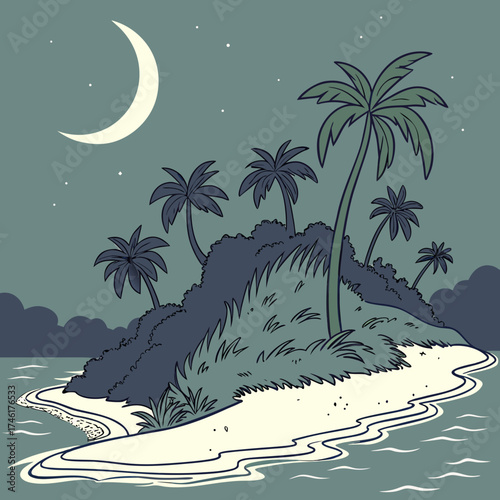 A serene tropical island paradise at night with a crescent moon and twinkling stars above lush palm trees and a sandy beach