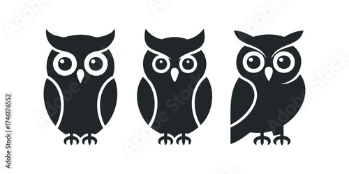 Three simplistic black owl silhouettes on white background