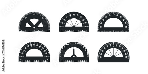 Six protractors and rulers graphic on white background