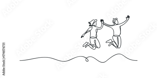 Two joyful individuals performing a high five jump