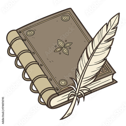 An antique leather bound book with a quill pen resting on its pages symbolizing writing and knowledge