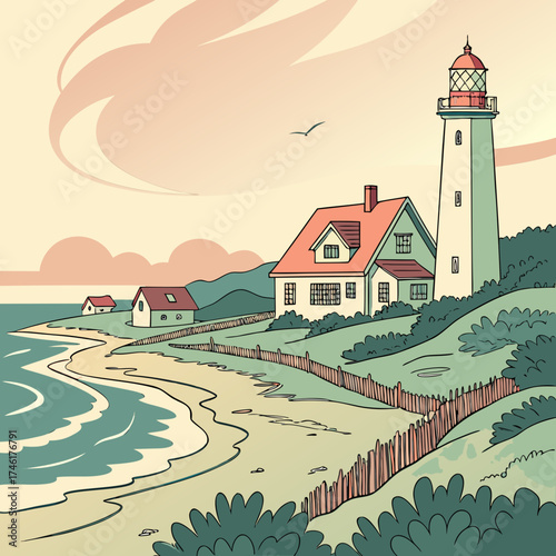 Coastal landscape with a lighthouse house and beach on a serene day with a bird flying in the sky