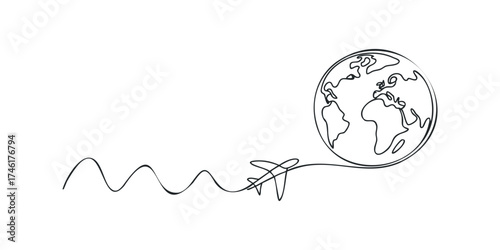 Airplane flying around world continuous line drawing