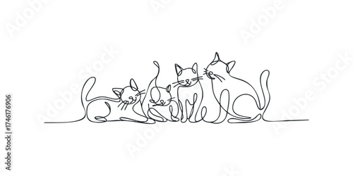 Family of Cats Continuous Line Drawing