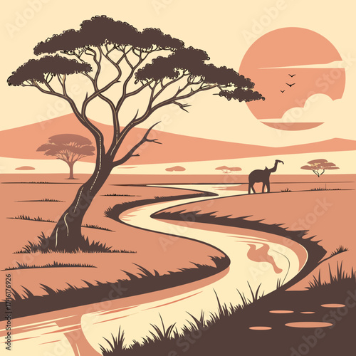 Serene african savannah landscape with a winding river and a lone elephant at sunset