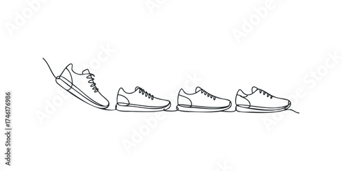 Continuous line drawing of four athletic sneakers arranged in sequence