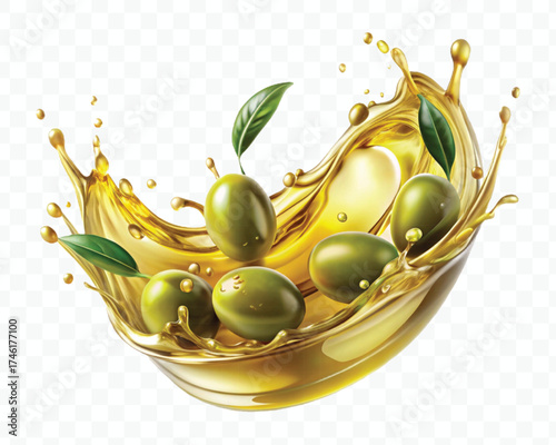 fresh smooth liquid olive flow fuel wave in mid air cut out and curve style isolated on transparent background