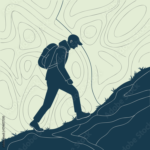 Silhouette of a hiker with a backpack climbing a steep grassy hill against a background of abstract topographic contour lines