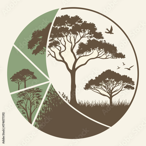 Stylized circular illustration depicting the growth cycle of acacia trees in the african savanna with flying birds and diverse vegetation