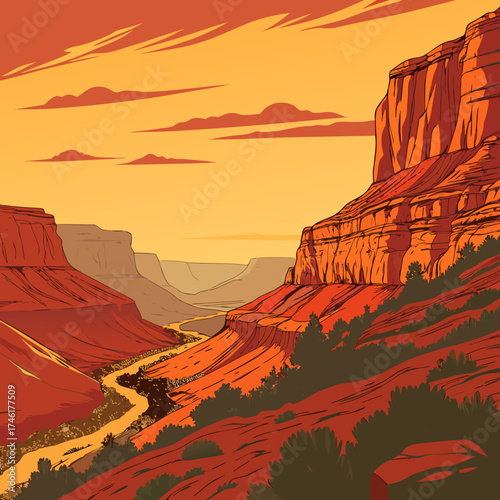 Stylized illustration of the grand canyon with a winding river and dramatic orange and yellow sky at sunset or sunrise