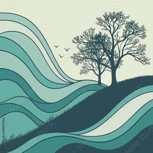 Stylized serene landscape with rolling hills two bare trees and birds flying against a soft cream background