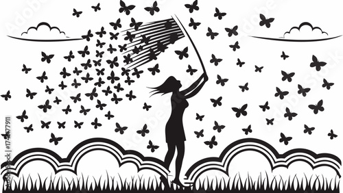 Woman releases swarm of butterflies into sky, symbolizing freedom, hope, and new beginnings