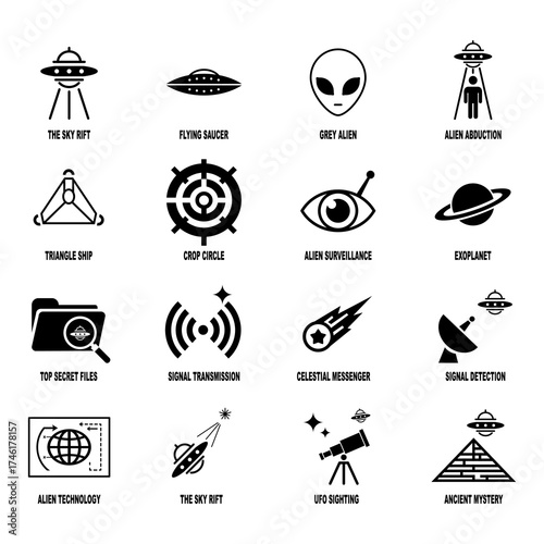 UFO and Paranormal Phenomena International Symbols, Simple Flat Design Vector Icons on a White Background