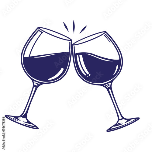 Two wine glasses clinking together celebrating a toast in a simple vintage style