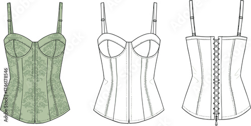 Women’s corset style top flat sketch, front and back view with damask pattern lace up straps, CAD drawing flat vector illustration