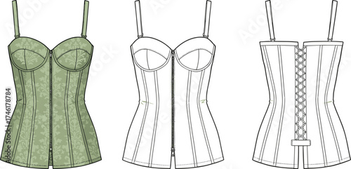 Women’s corset style top flat sketch, front and back view with lace up detail zipper closure, CAD drawing flat vector illustration