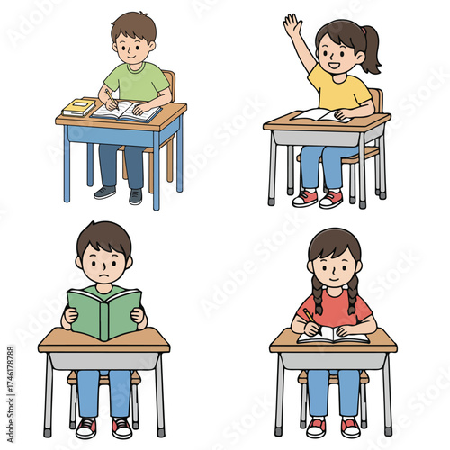 Children Learning and Studying at School Desks in Classroom