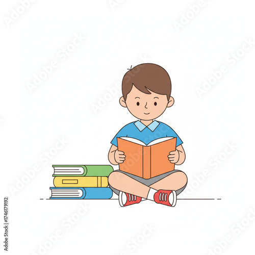 Boy Reading Book Sitting on Floor Next to Book Stack Cartoon
