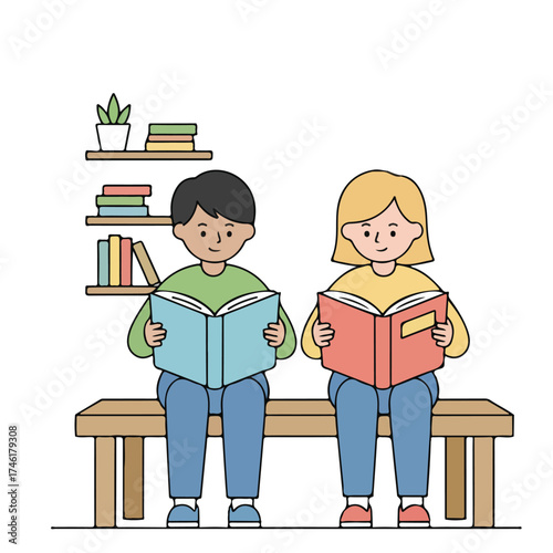Children Reading Books on a Bench Educational Illustration