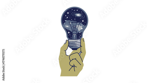 Flat vector hand holding a light bulb that contains a tiny universe inside, idea of infinite creativity and cosmic thinking.