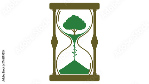 Flat vector hourglass where flowing sand forms a tiny growing tree inside, symbol of time and life. 