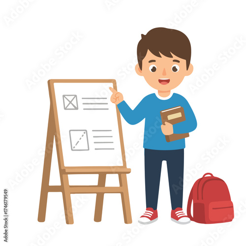 Young Boy Explaining Geometric Shapes on Easel in Education Setting