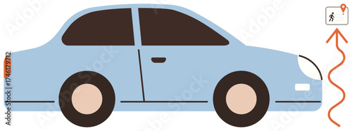 Blue sedan with route line and destination pin suggests navigation, ridesharing, or delivery tracking. Ideal for mobility, transportation, navigation, GPS, logistics urban commute journey. Simple