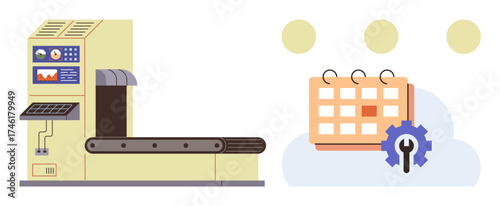 Conveyor machine with control panel connects to calendar with gear for automation, time management, and task scheduling. Ideal for productivity, industry, efficiency, planning, workflow, operations