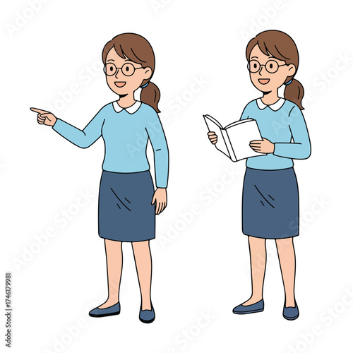 Cartoon Teacher Character Pointing and Holding Book Illustration
