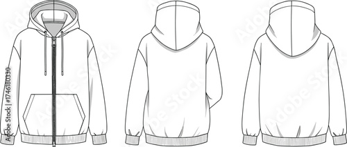 Hooded zip up jacket flat fashion sketch, technical clothing design, front back side view, garment construction, cad drawing flat vector illustration