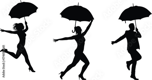 Silhouette dancers holding umbrellas, joyful people jumping in rain, artistic black figures in motion, whimsical celebration, creative dance illustration