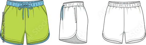 Athletic shorts flat fashion sketch, sportswear design front side back view, drawstring waistband activewear template, cad drawing flat vector illustration