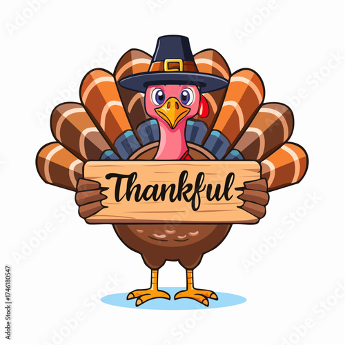 Cute cartoon turkey in a pilgrim hat holding a thankful sign, a festive illustration representing gratitude and the traditional Thanksgiving holiday celebration